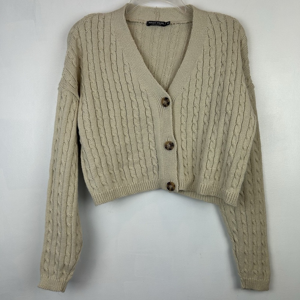 Cropped Cardigan Sweater Womens Medium Cable Knit Ivory Capsule Minimalist